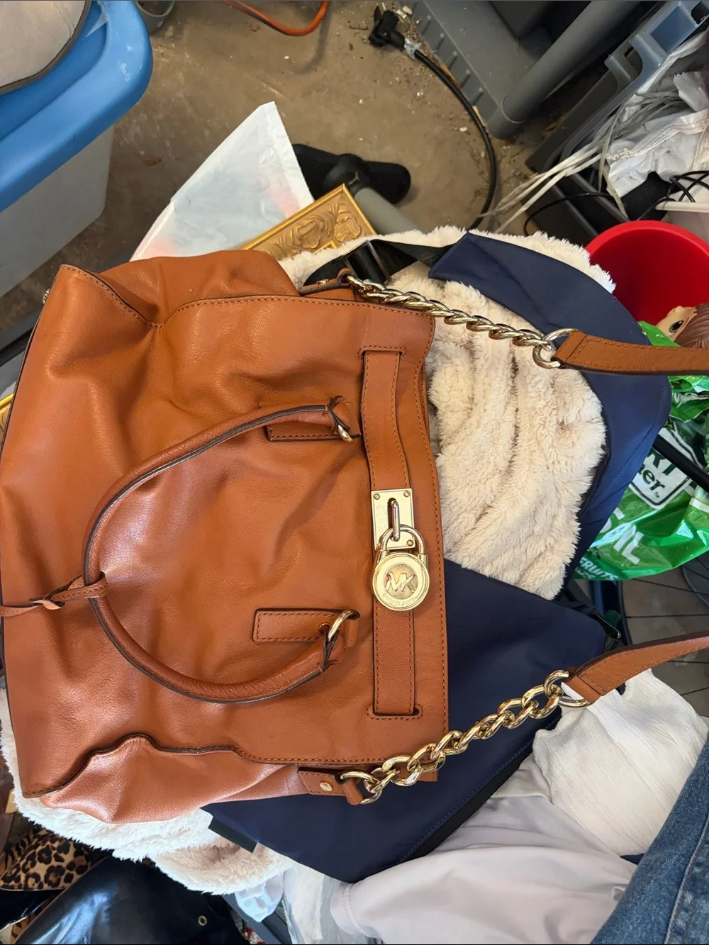 Michael Kors Cognac Leather Shoulder Tote with Gold Hardware